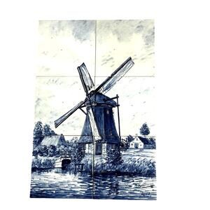 Set of 6 vintage Delft tiles windmill landscape blue & white porcelain ceramic